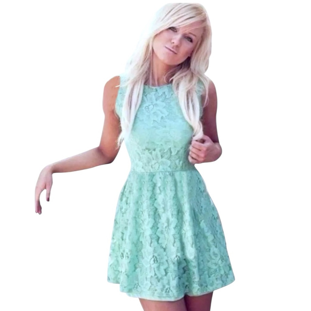 $128 Free People Fit + Flare Dress + Slip XSmall 0 2 Blue Lace Sleeveless NWT